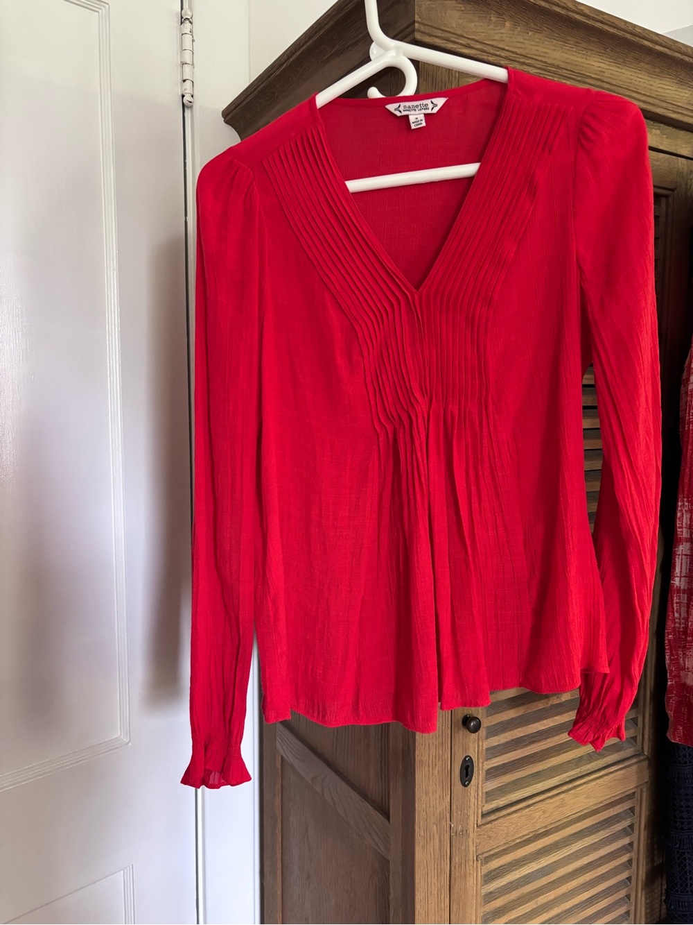 Nanette Lepore Bright Red V-Neck Pintuck Blouse